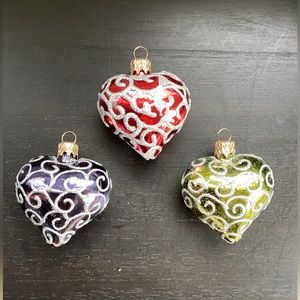3 Glittered Heart Ornaments